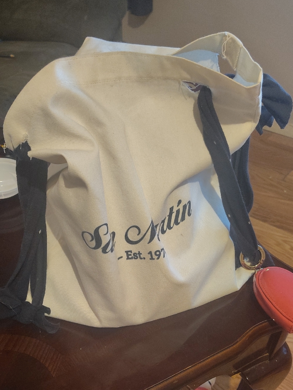 Canvas Drawstring Tote Bag in Cream with Navy Accents